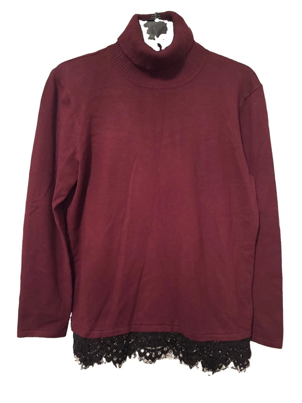 Investments Petite Turtleneck Knit Top Sweater with Lace Hem Burgundy